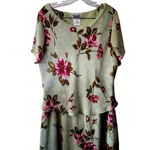 Vintage Periwinkle Mint Green Burgundy Floral Knee Midi Dress Plus Size 18 - Picture 2 of 7